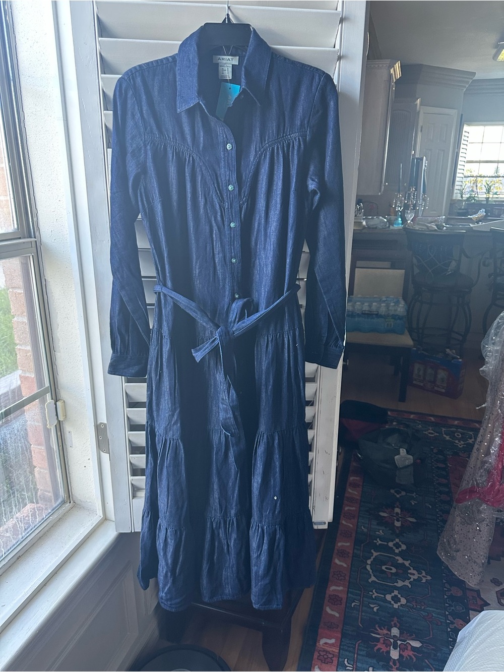 Ariat Navy Long-Sleeve Button-Front Tiered Shirt Dress with Tie Waist